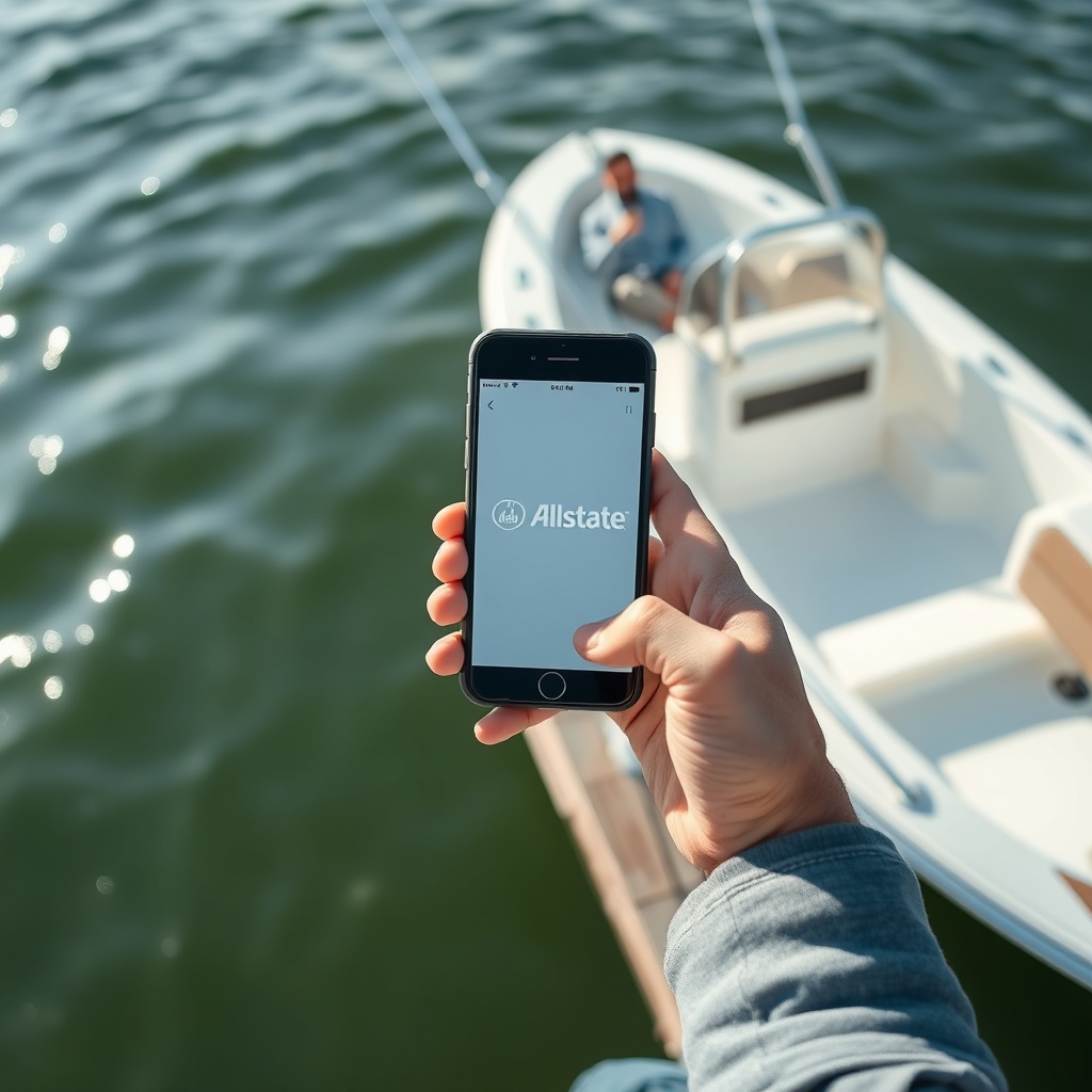 Photorealistic photo of a boat owner holding a smartphone with the Allstate app open