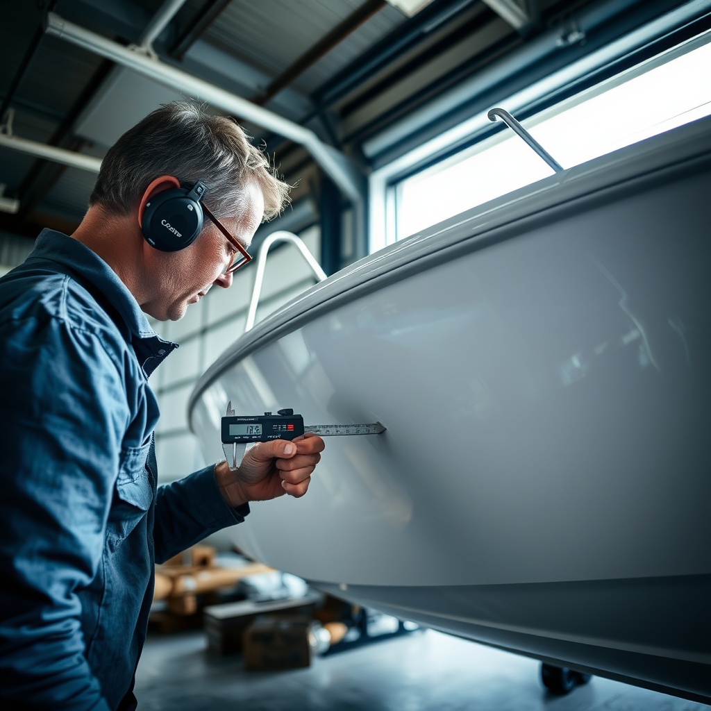 Photorealistic photo of a marine surveyor measuring the hull of a fiberglass boat with a d