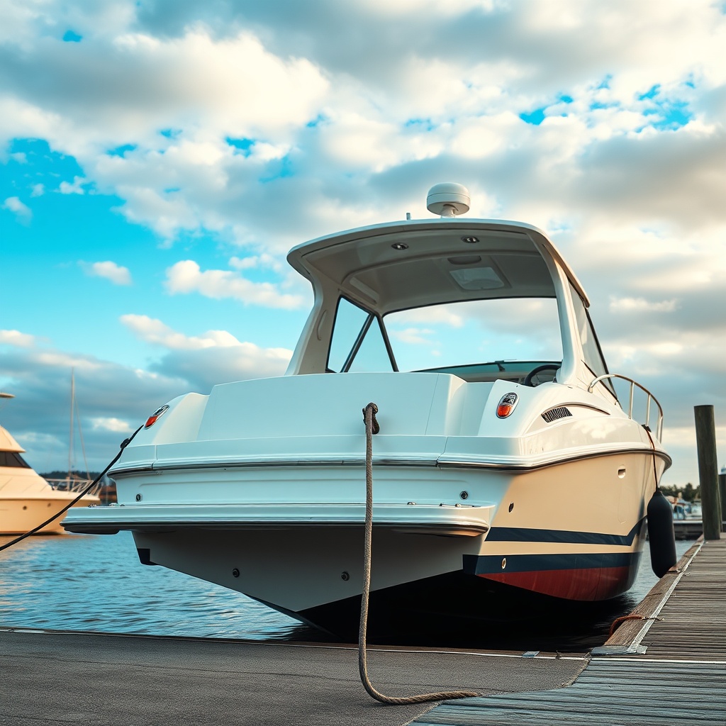 A photorealistic photo of a mid-sized motorboat tied to a dock