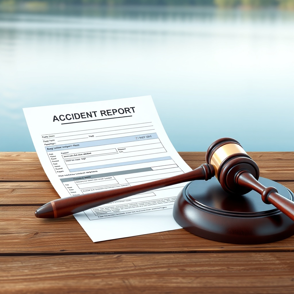 A photorealistic illustration of a court gavel resting on a wooden table beside a boating