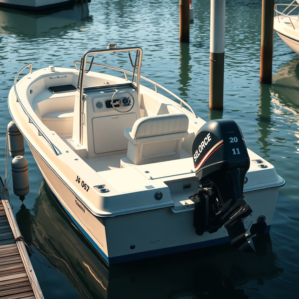 A clean photorealistic photo of a fiberglass motorboat moored at a sunny dock