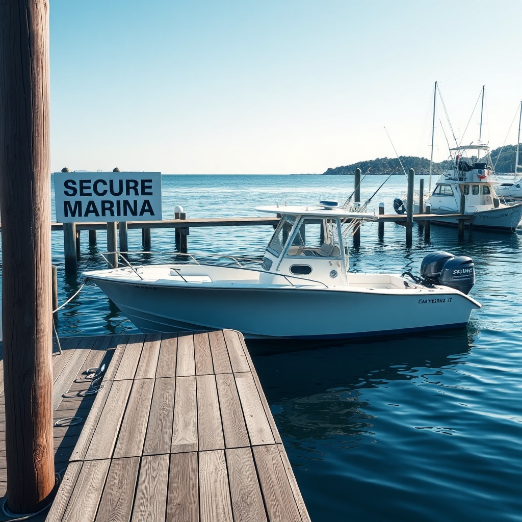 A clean photorealistic photo of a small center-console fishing boat moored at a dock next