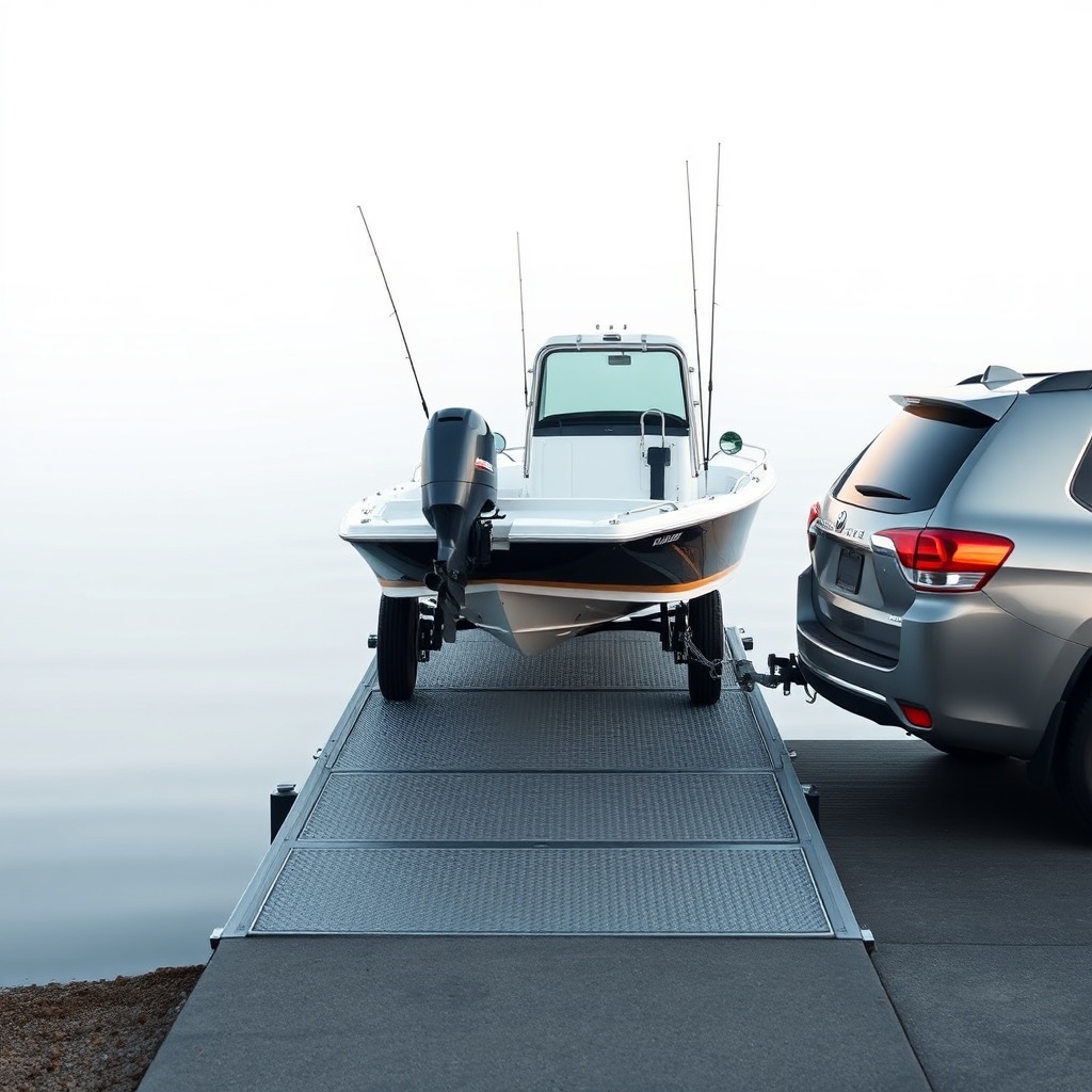 A clean photorealistic photo of a boat trailer hitched to an SUV on a boat ramp