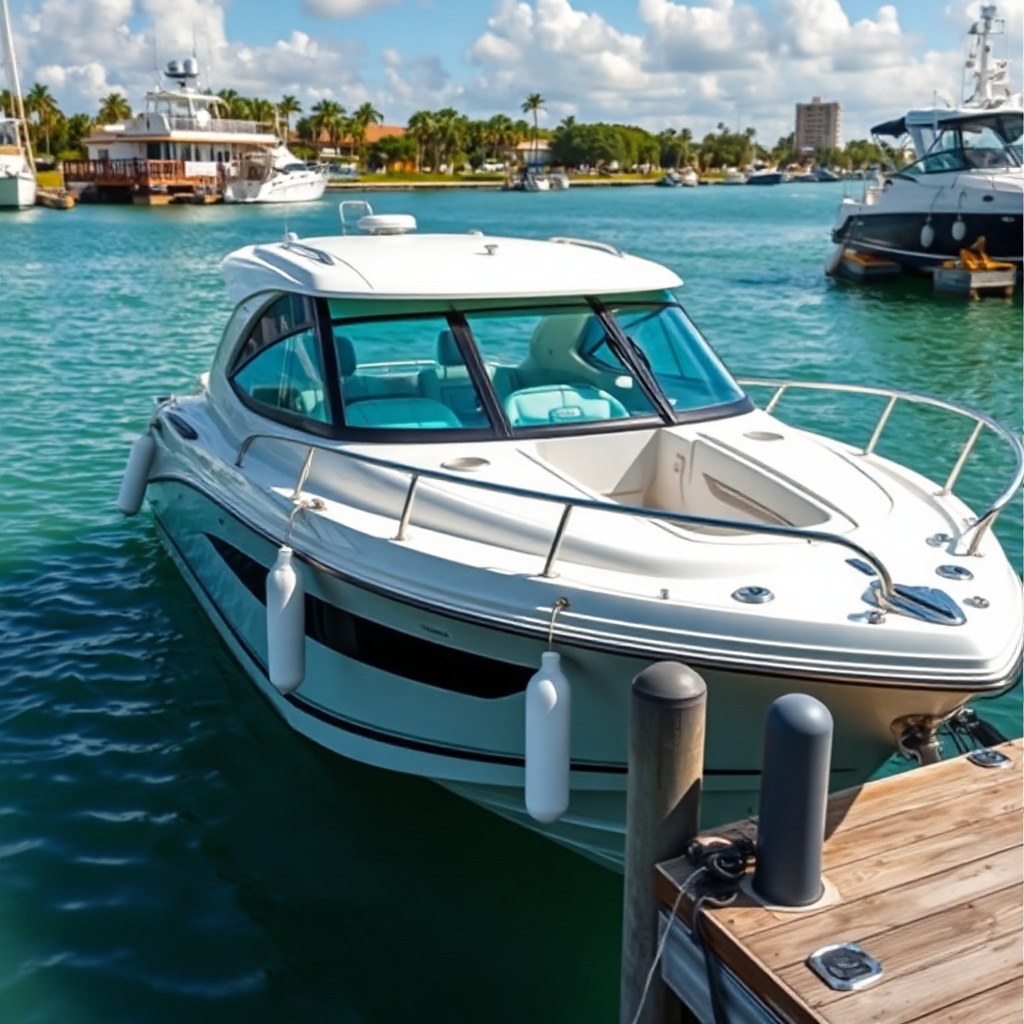 <A clean photorealistic photo of a modern powerboat moored at a sunny dock in Florida