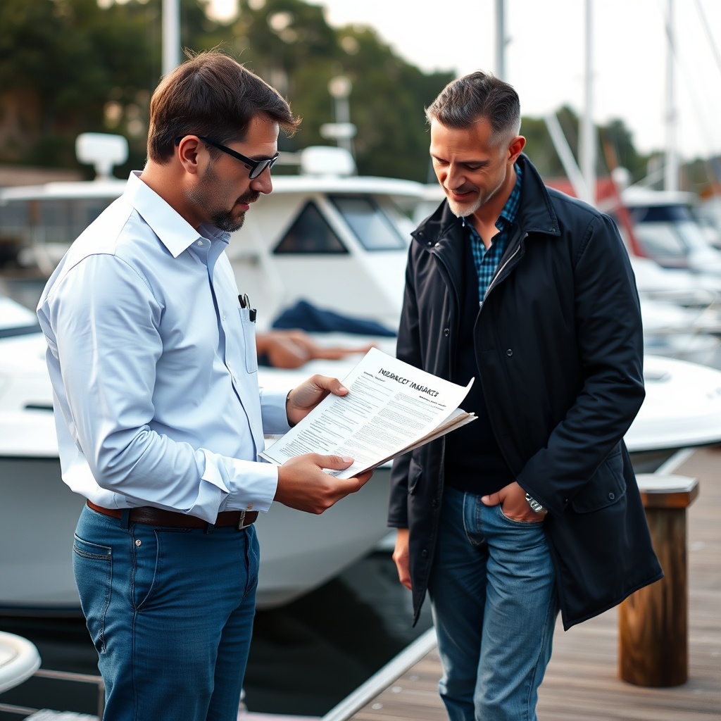 <A clean photorealistic photo of a boat insurance agent reviewing a policy document with a
