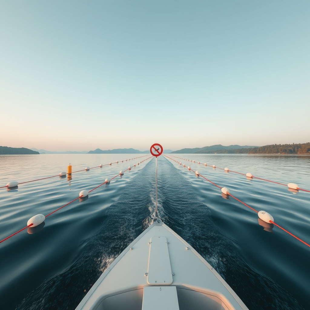<clean photorealistic photo of a boat cruising through a scenic lake with clearly marked b