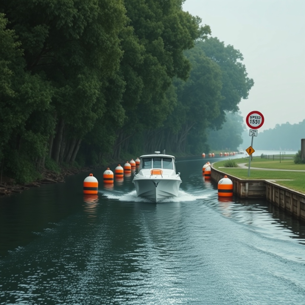 <clean photorealistic photo of a boat navigating through a narrow