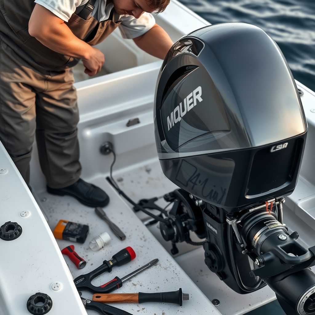 A realistic close-up of a boat mechanic repairing an outboard engine on the transom of a f