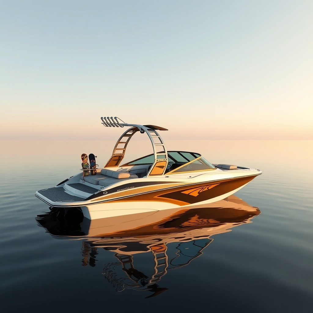 A photorealistic side profile of a modern wakeboard boat moored on a calm lake with a wake