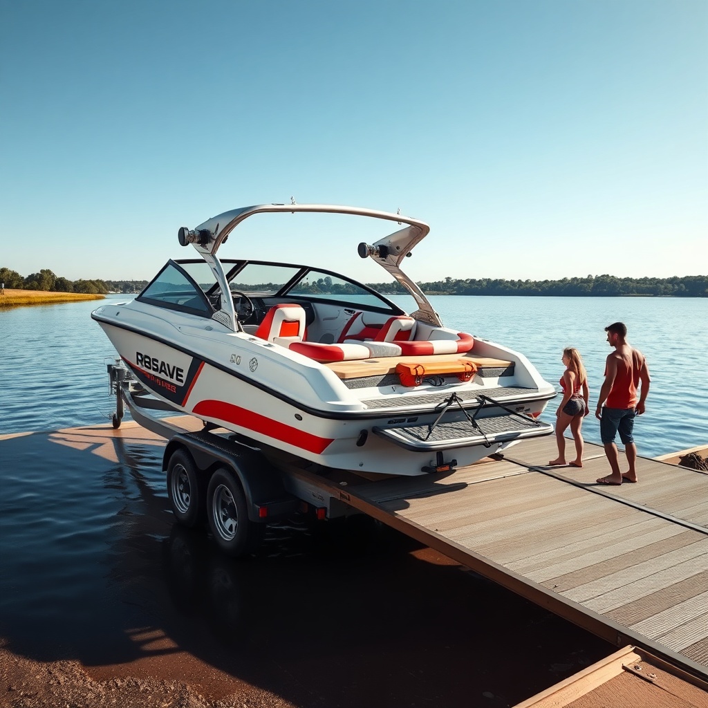 A photorealistic image of a wakeboard boat being loaded onto a trailer at a boat ramp