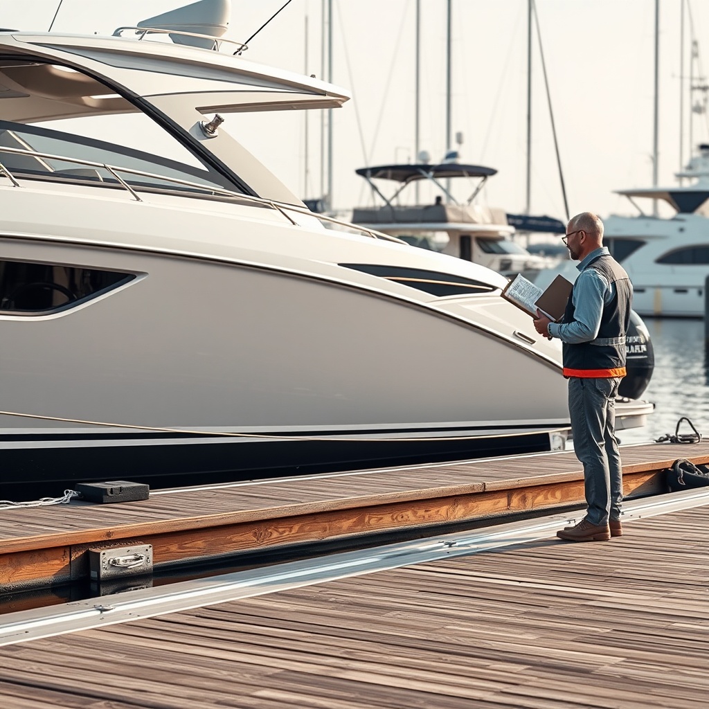 <clean photorealistic photo of a sleek motorboat being inspected by a surveyor alongside a
