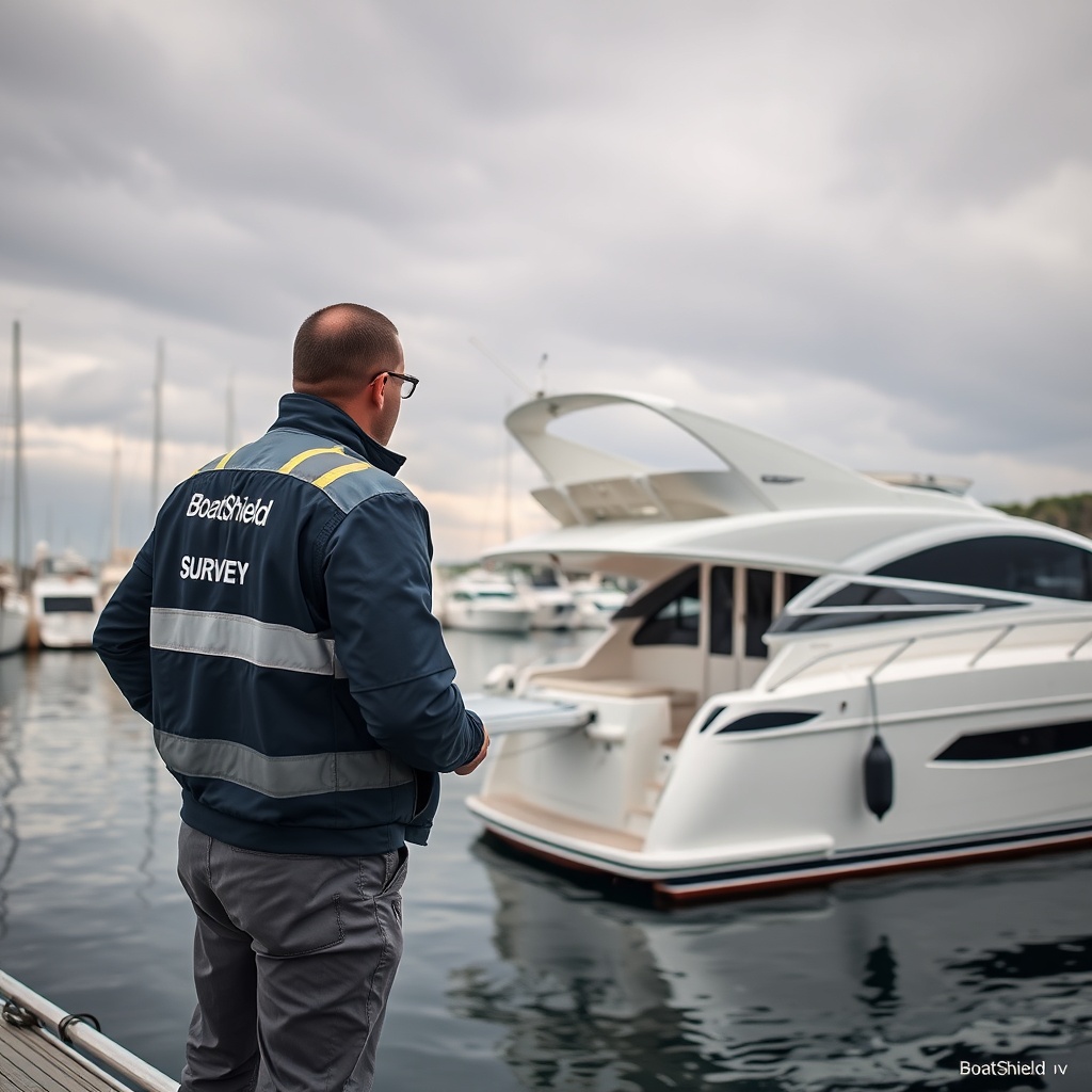 A clean photorealistic photo of a BoatShield-branded surveyor inspecting a fibreglass moto