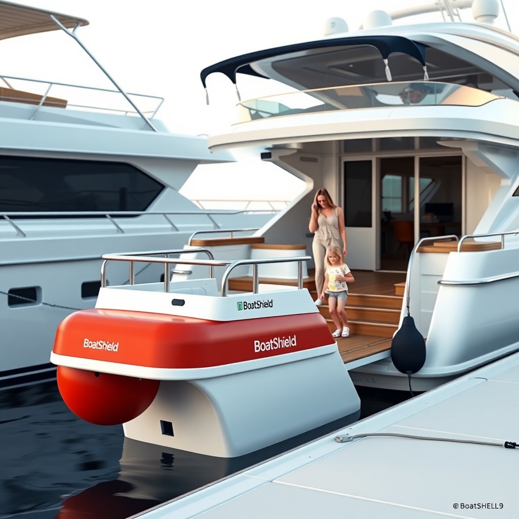 A clean photorealistic photo of a BoatShield branded docking aid with a family stepping of