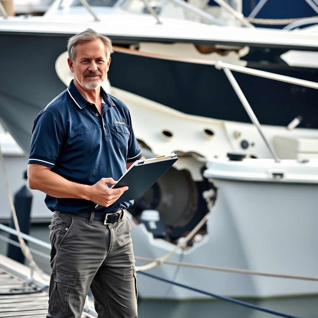 A photorealistic photo of a boat insurance adjuster in a polo shirt holding a clipboard