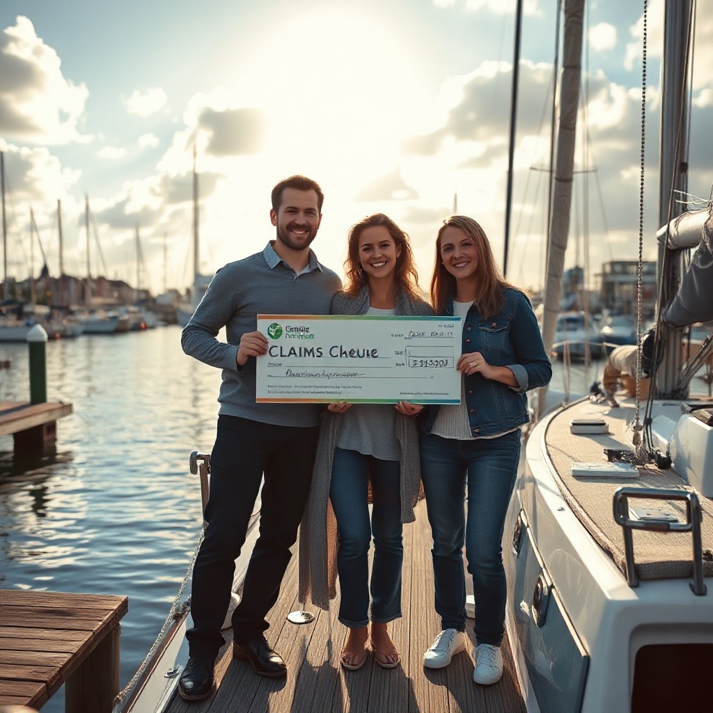 A photorealistic photo of a smiling couple standing on the deck of a sailboat