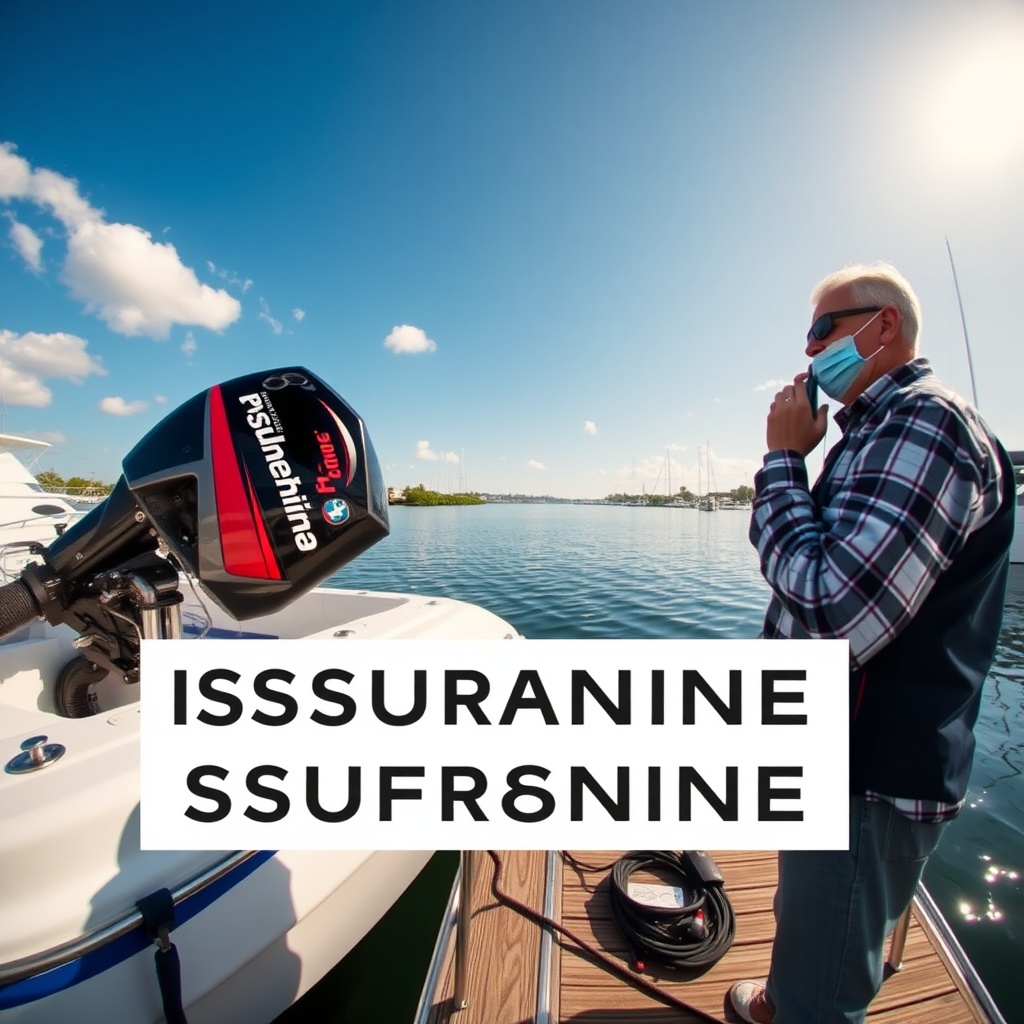 A photorealistic wide-angle photo of a boat owner calling an insurance hotline from a mari