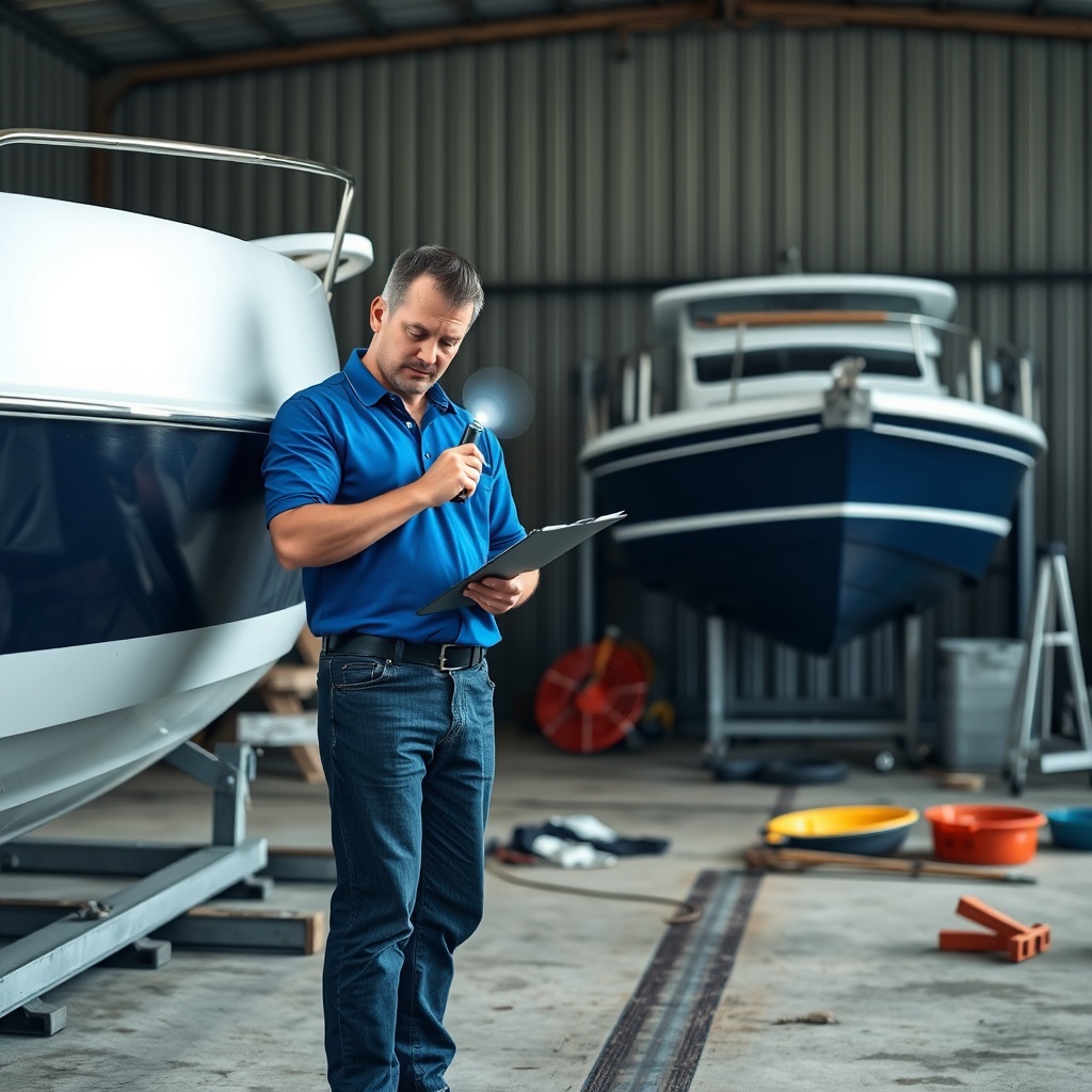 A photorealistic photo of a marine adjuster in a blue polo shirt inspecting a fibreglass h