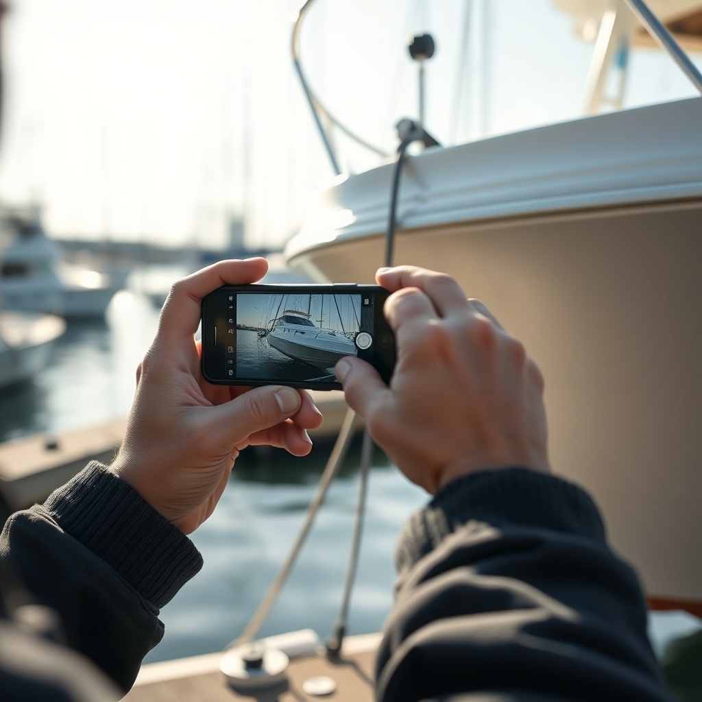 <clean photorealistic photo of a boat owner using a smartphone to photograph damage on a b