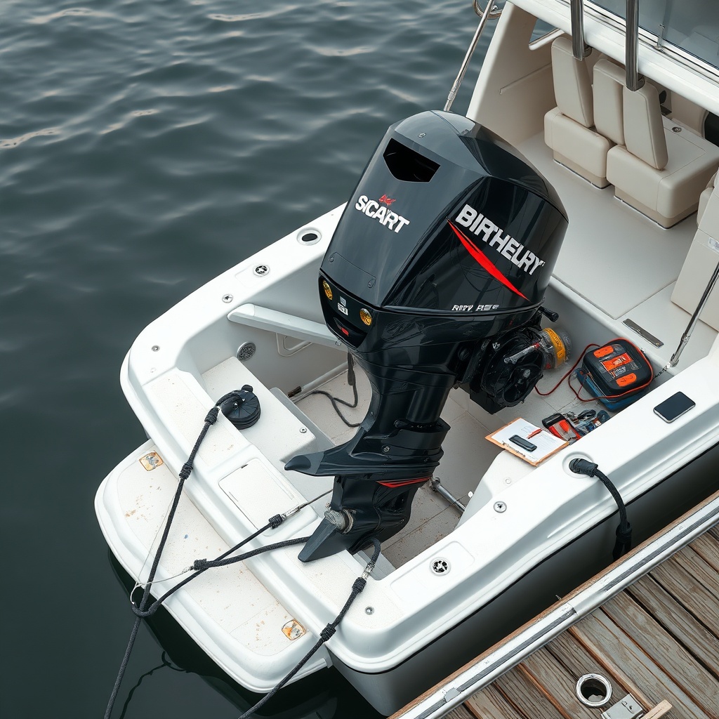 <clean photorealistic photo of a docked boat with a repair technician working on the outbo