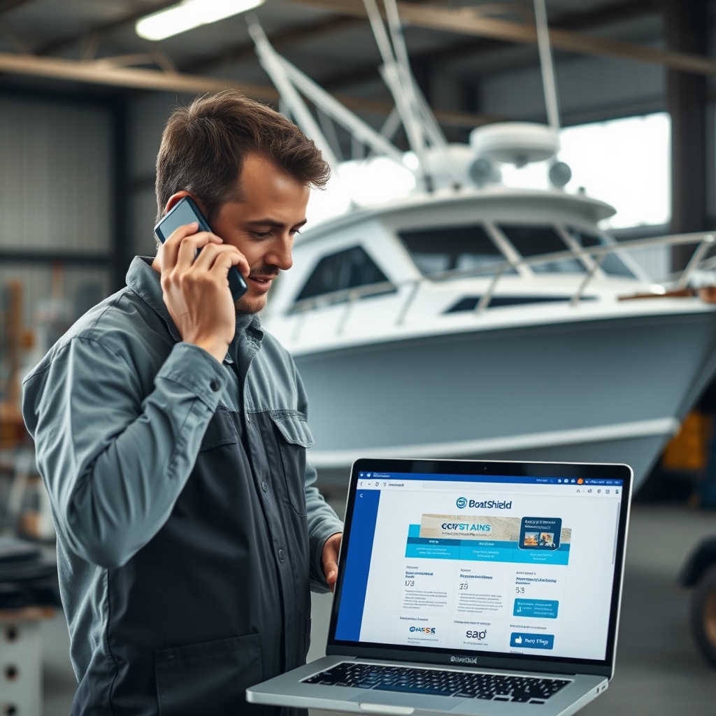 A photorealistic 16:9 image of a marine mechanic speaking on a phone while looking at a la