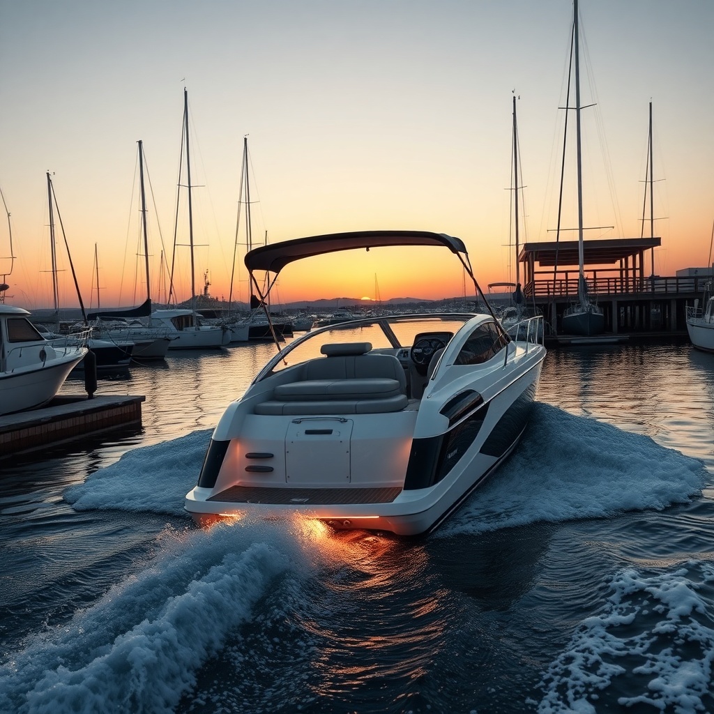 A photorealistic photo of a modern motorboat navigating through a marina at sunset