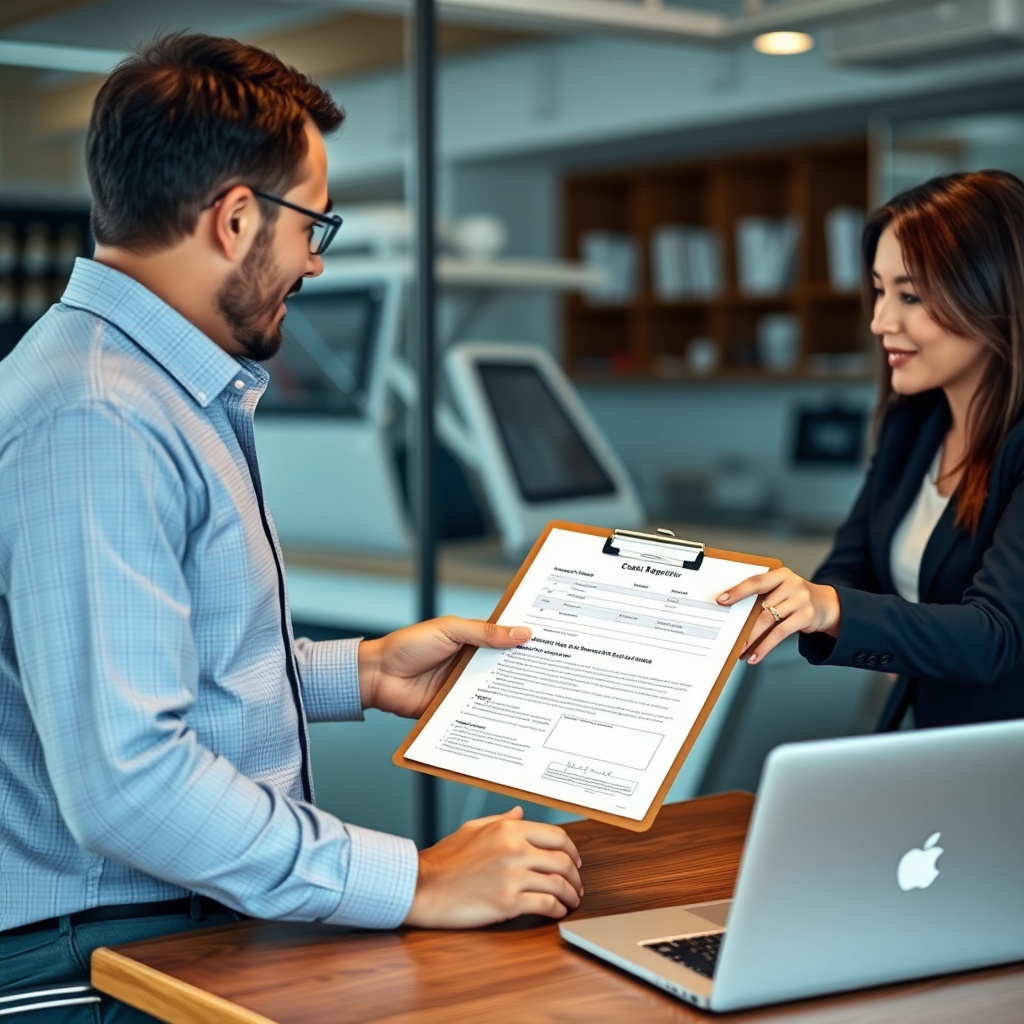 A photorealistic photo of a boat owner handing a written report to a claims adjuster at a