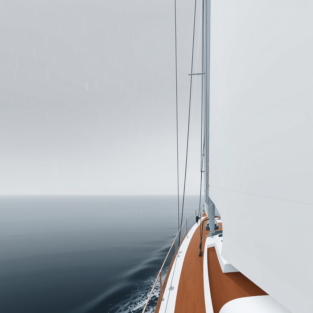 A photorealistic illustration of a sailing yacht navigating a narrow canal under a grey sk