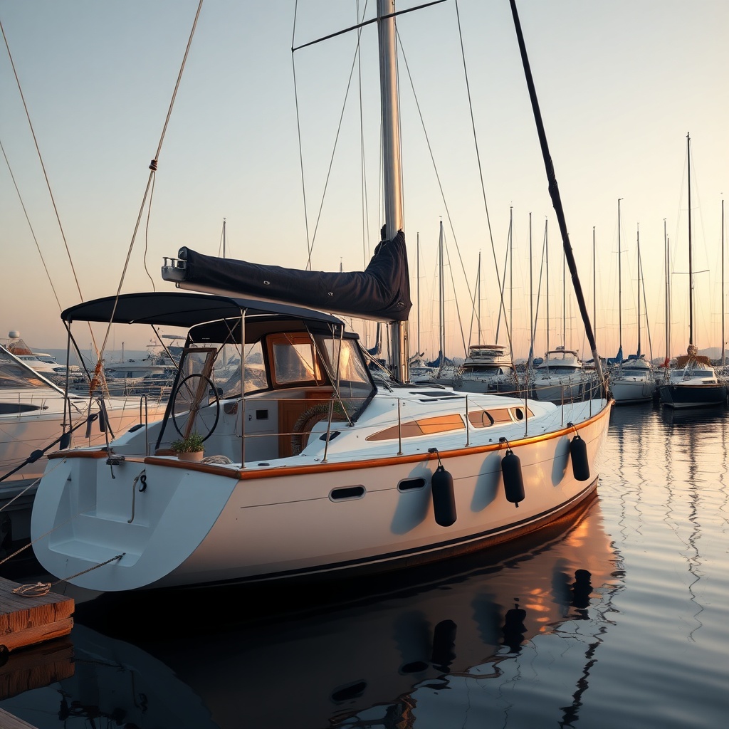 A photorealistic wide shot of a well-maintained liveaboard sailboat moored in a marina at