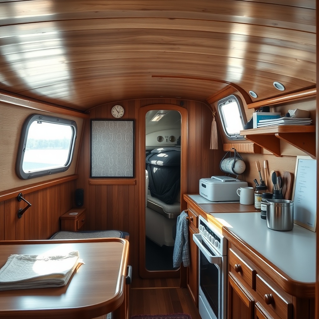 A photorealistic interior shot of a cozy liveaboard sailboat cabin with wood paneling