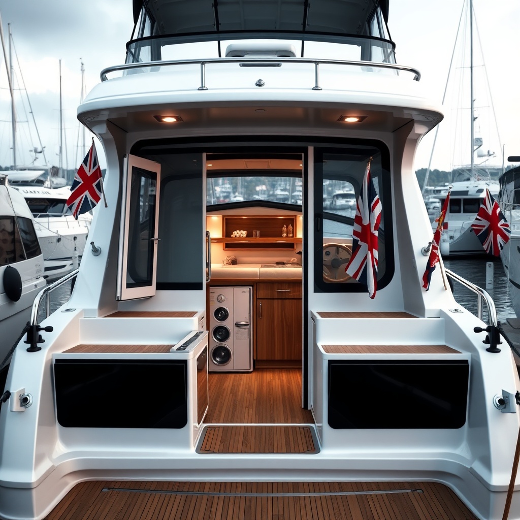A photorealistic photo of a well-maintained liveaboard motor yacht moored at a modern mari