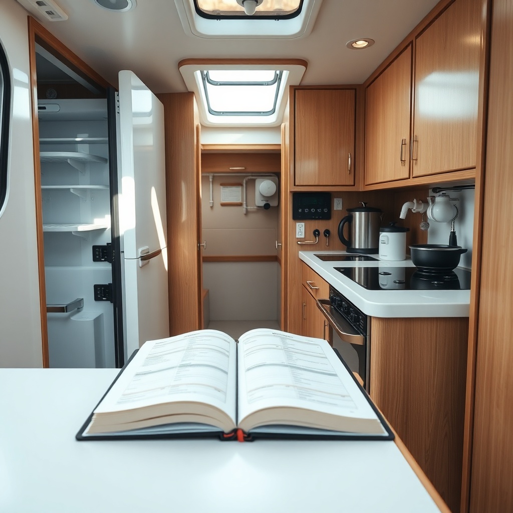 A photorealistic photo of an interior liveaboard galley showing a built-in fridge