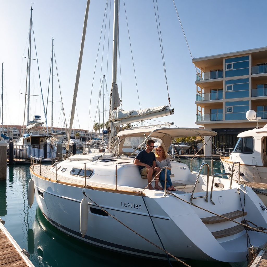 A photorealistic wide shot of a liveaboard sailboat docked at a sunny marina with security