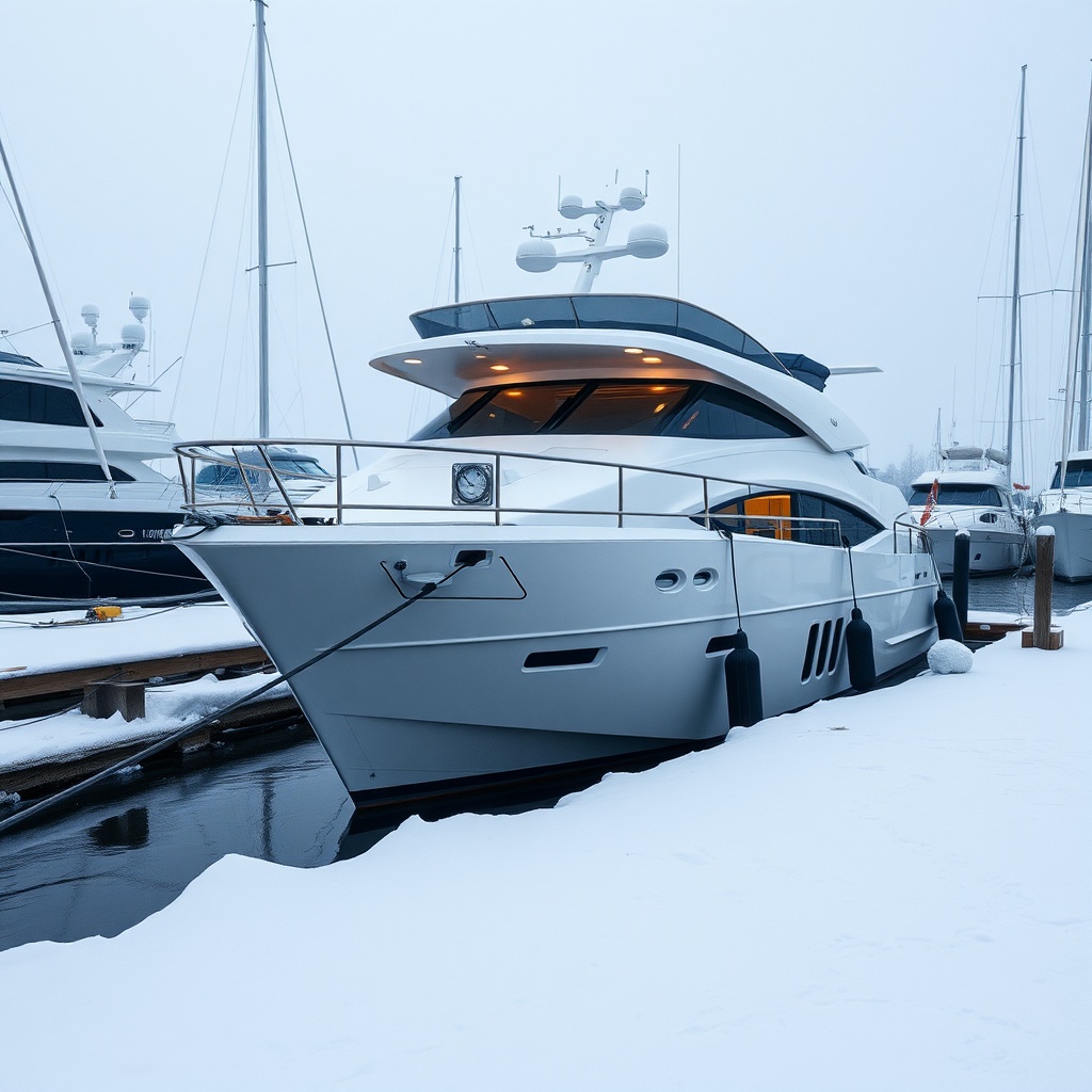 A photorealistic image of a liveaboard motor yacht in a snowy winter marina