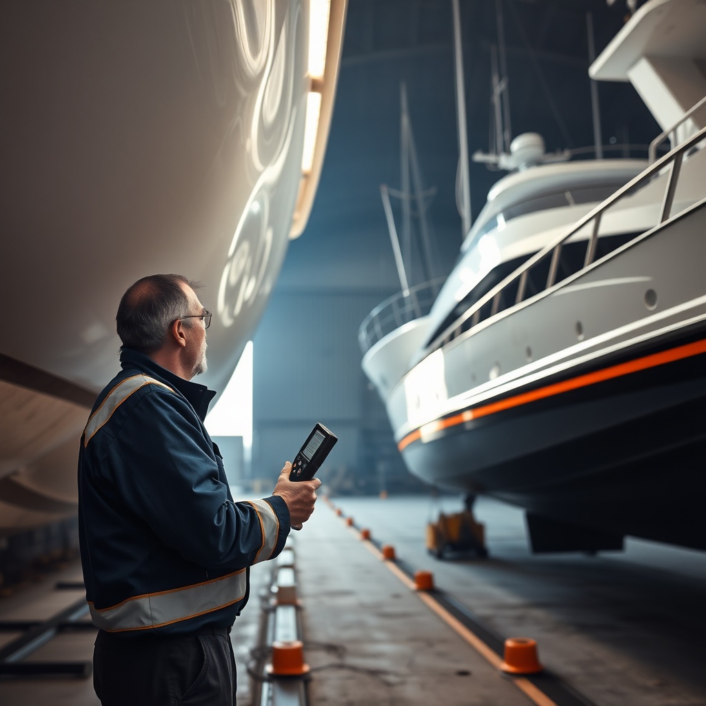 A photorealistic photo of a marine surveyor inspecting the hull of a 30-foot motor yacht i