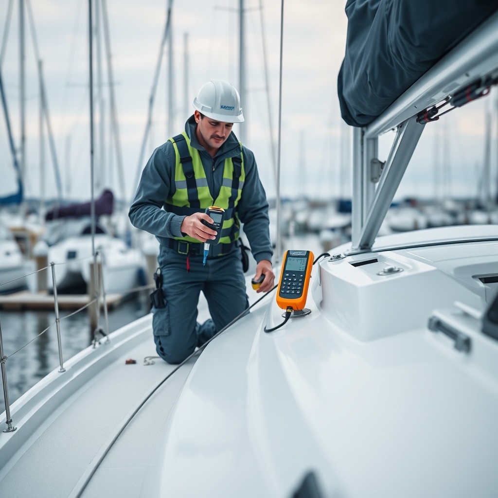 A photorealistic photo of a surveyor using a moisture meter on the deck of a 40-foot sailb