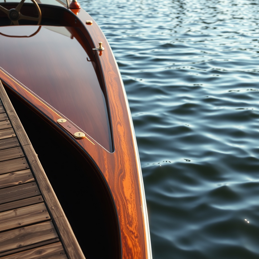 A photorealistic side profile of a vintage mahogany speedboat moored at a wooden dock