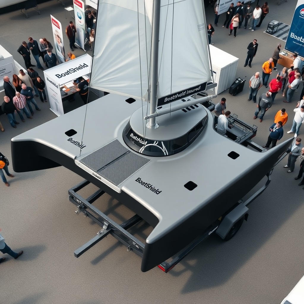 A photorealistic overhead view of a carbon-fibre racing catamaran on a trailer at a boat s