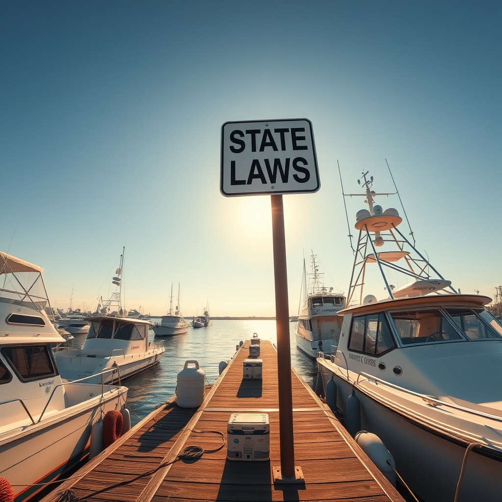 <A photorealistic 16:9 wide-angle shot of a boat dock with various vessels