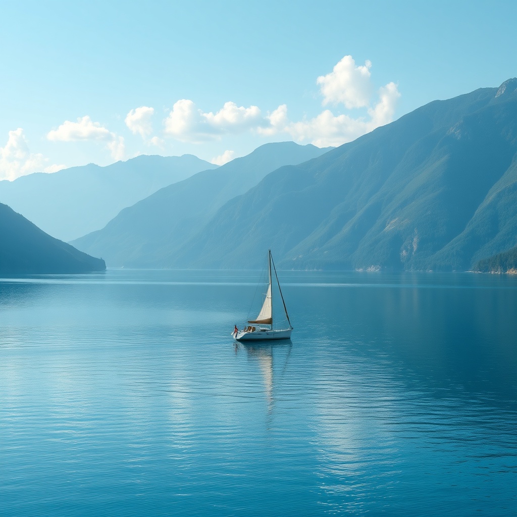 <A photorealistic 16:9 image of a sailboat on a large inland lake surrounded by mountains