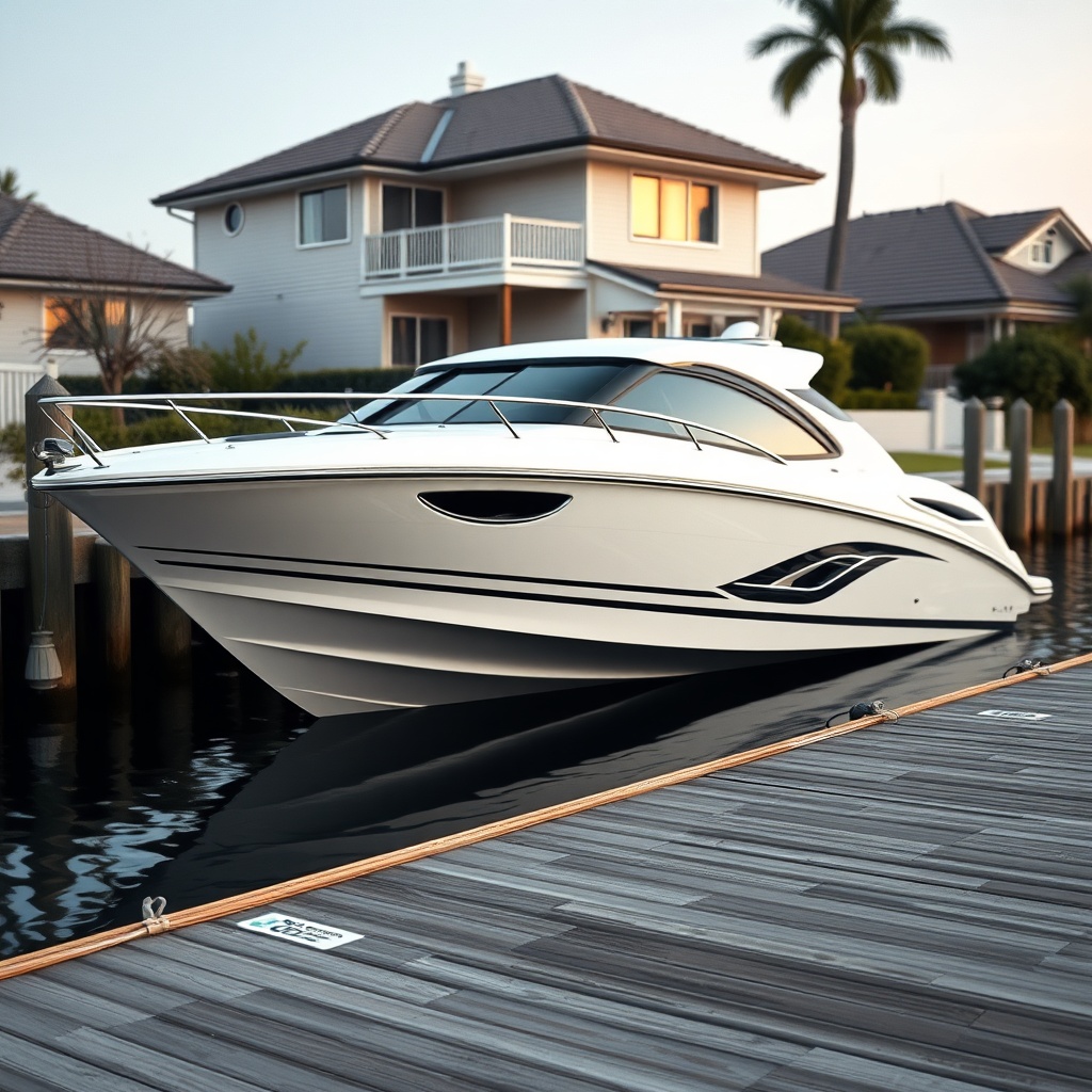 A photorealistic side-angle shot of a modern speedboat moored at a suburban jetty