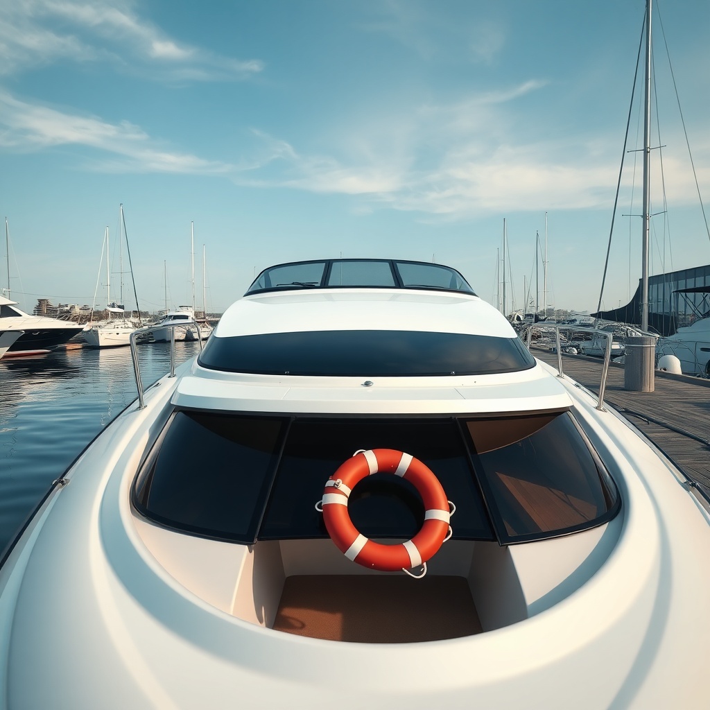 A photorealistic image of a sleek motorboat docked at a marina with a clear sky and calm w