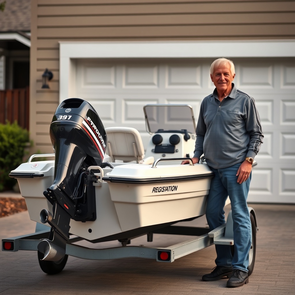 A photorealistic image of a middle-aged couple standing beside a small motorboat on a trai