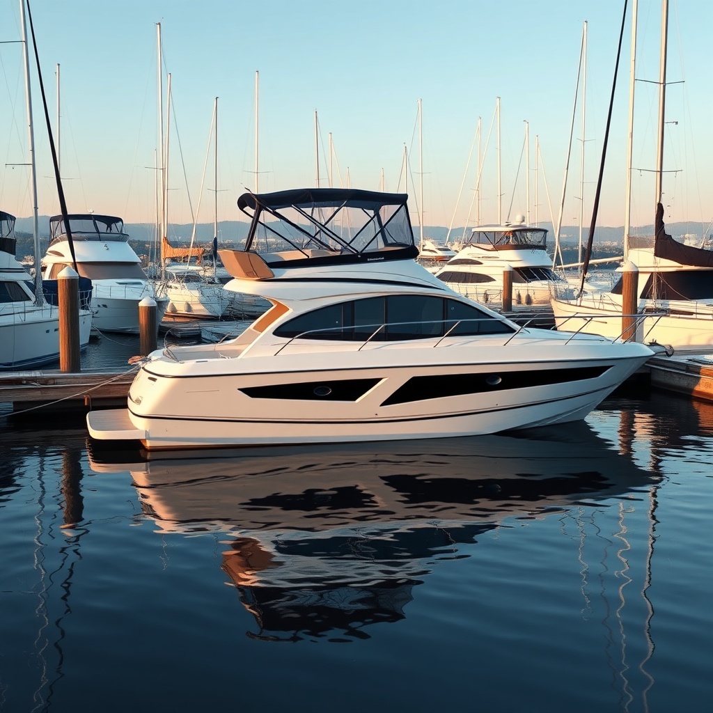 A photorealistic image of a marina with a sleek 32-foot cruiser in a slip