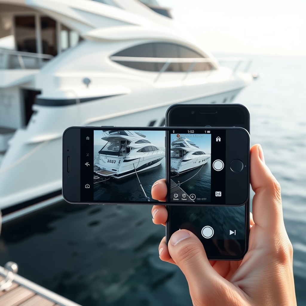 A photorealistic shot of a mid-sized motor yacht tied to a dock after a minor collision