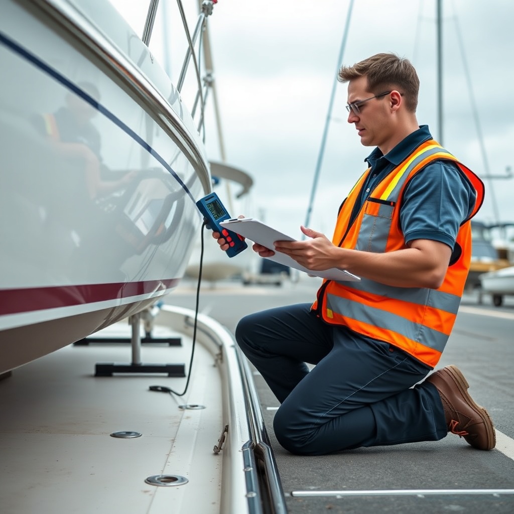 A photorealistic image of a marine surveyor in a polo shirt and safety vest kneeling on a