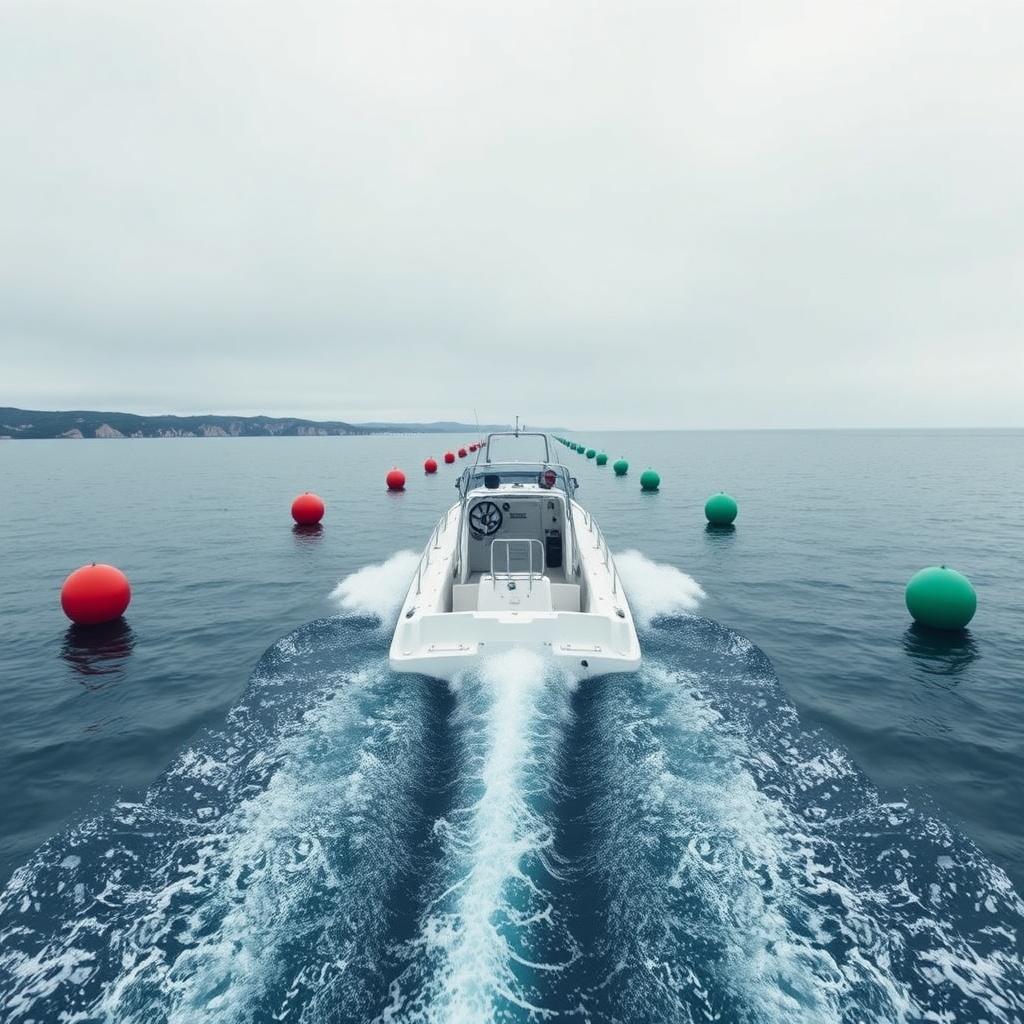 A clean photorealistic photo of a motorboat navigating through a narrow channel marked by