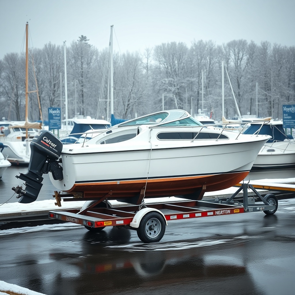 A clean photorealistic photo of a boat lifted from water on a trailer in a snowy marina