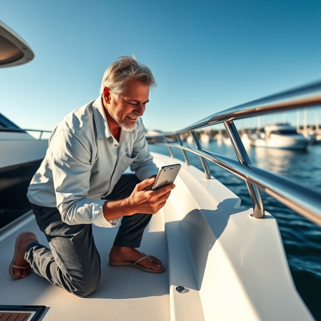 A crisp photorealistic image of a boat owner kneeling on the deck of a motor yacht