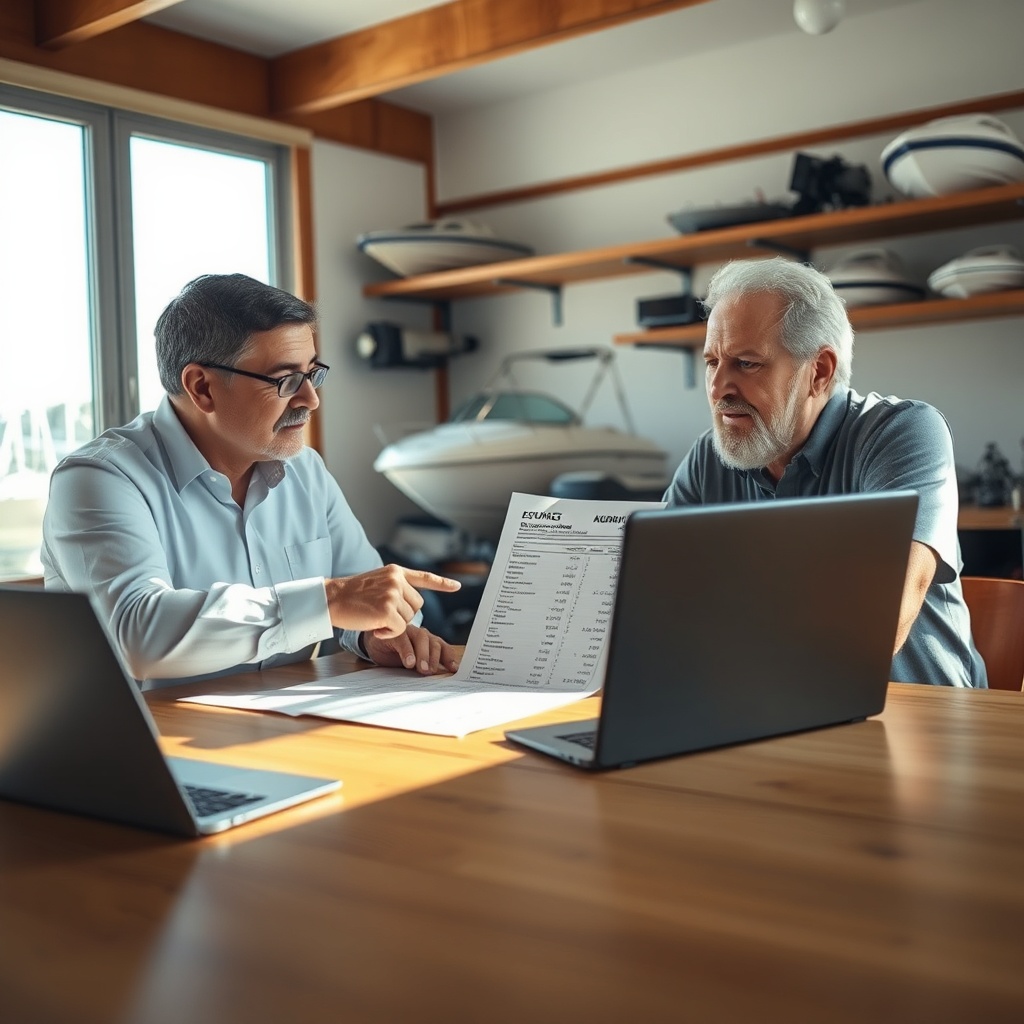 A photorealistic image of a boat insurance adjuster and a boat owner sitting at a wooden t