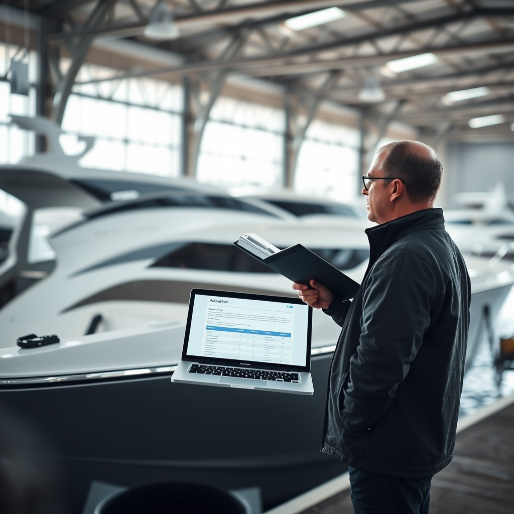 A photorealistic photo of a marine insurance adjuster examining a modern fiberglass powerb